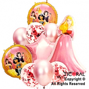 SET DE GLOBOS METALIZADOS PRINCESAS Y LATEX CON CONFETI x 10 UNIDADES